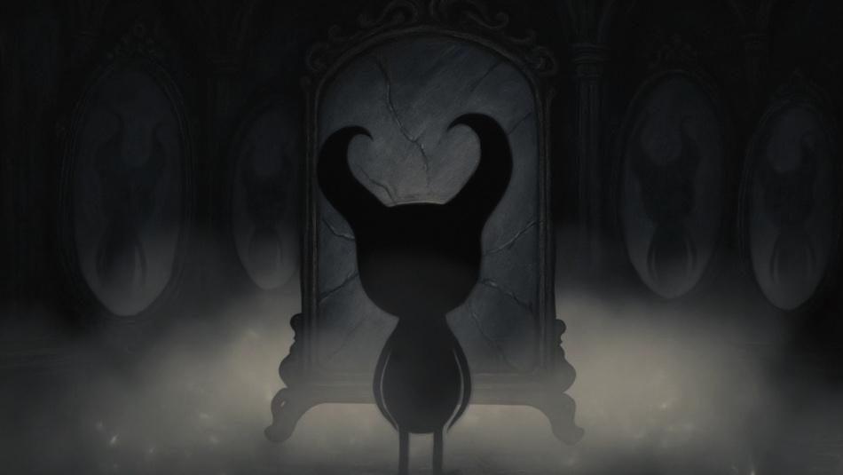 The silhouetted MON figure standing before a row of framed mirrors