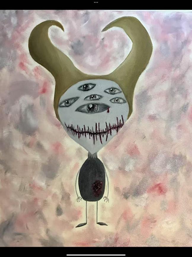 Original 2016 MON painting showing a horned figure with multiple eyes and a stitched mouth