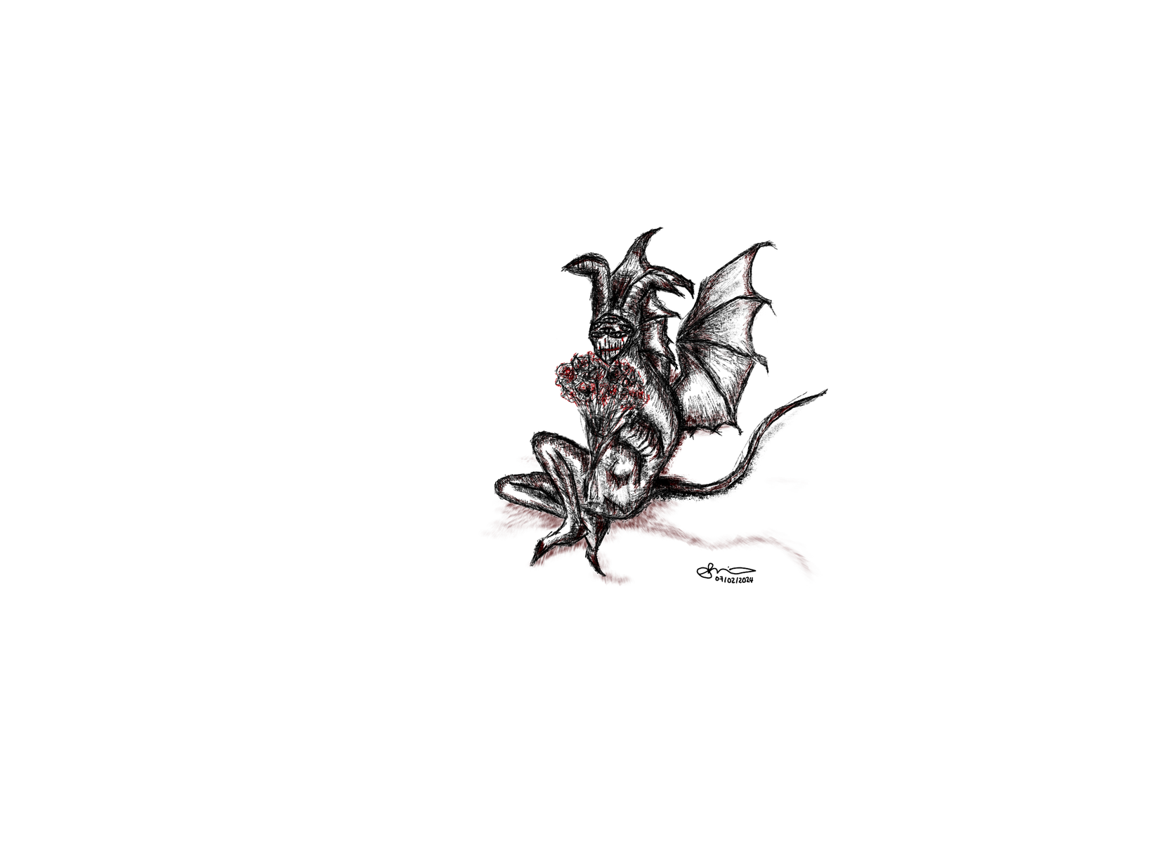 Ink drawing of a horned, winged figure holding a cluster of flowers