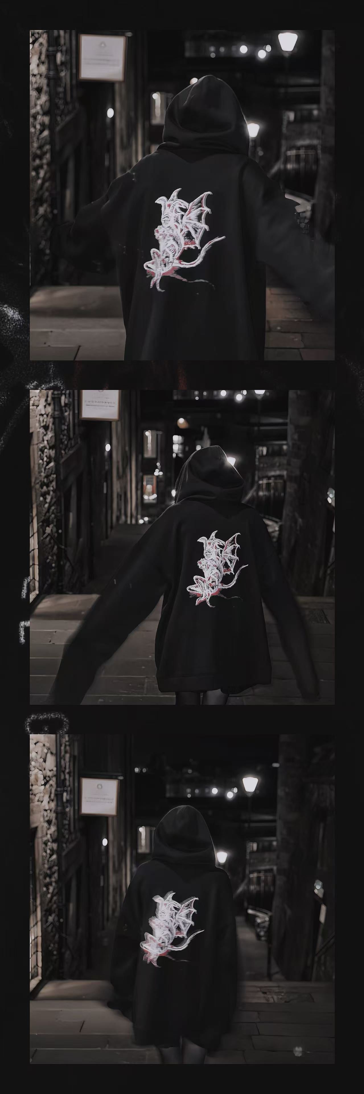 Three vertically arranged nighttime photographs of a person seen from behind wearing a black hoodie with a pale graphic across the back.