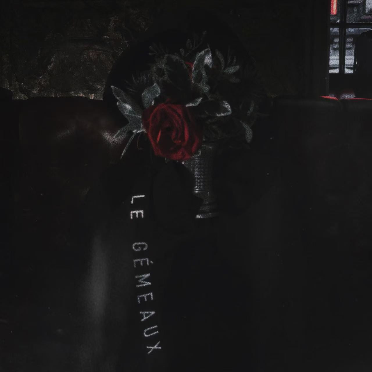 A red rose and dark foliage beside black fabric bearing the vertical words LE GÉMEAUX.